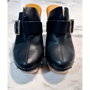 Korks Black Leather Wood Clogs Buckle Studded Heel Mule Shoes Women Size 8